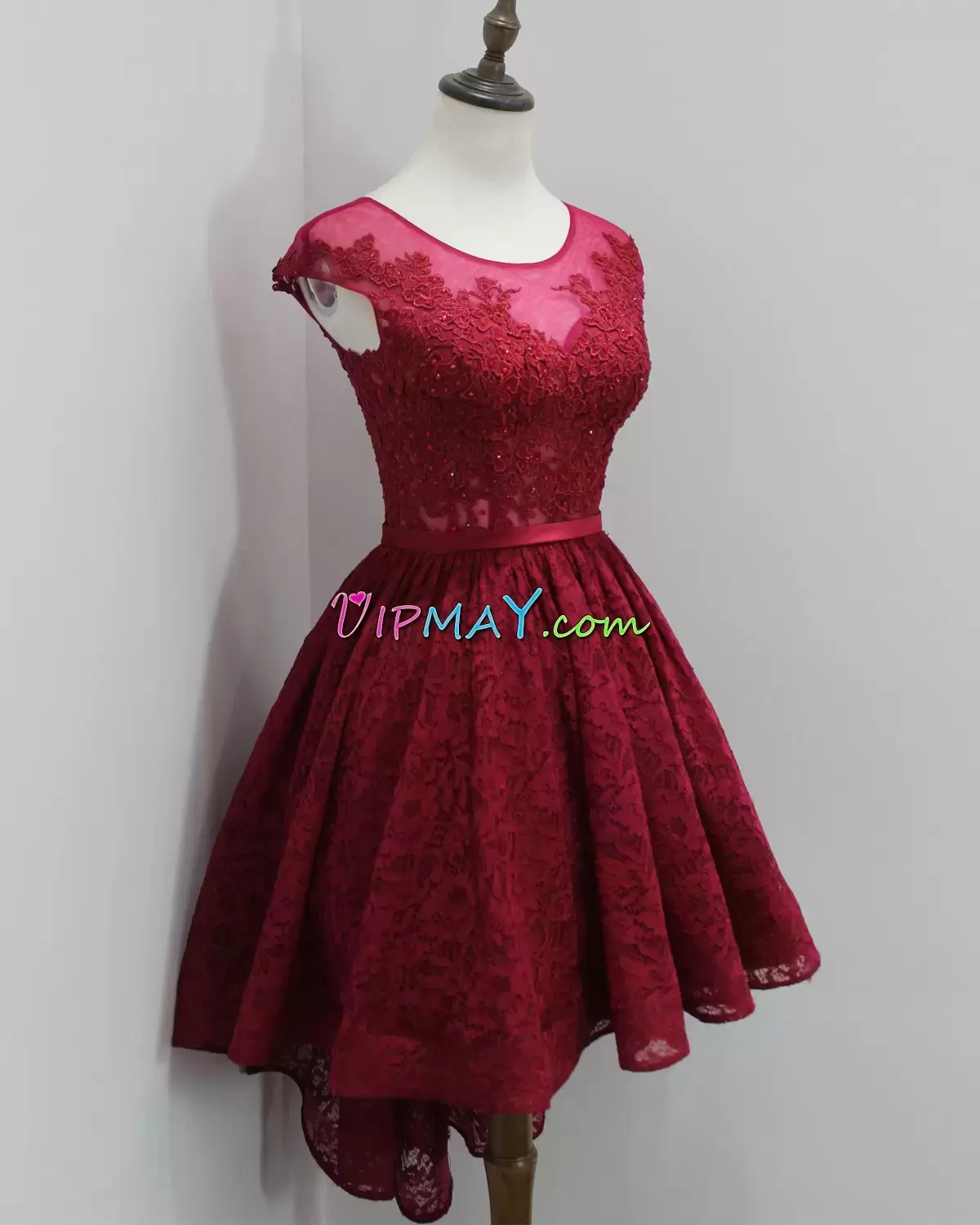 High Low Zipper Homecoming Dress Burgundy for Prom and Party and Military Ball with Lace