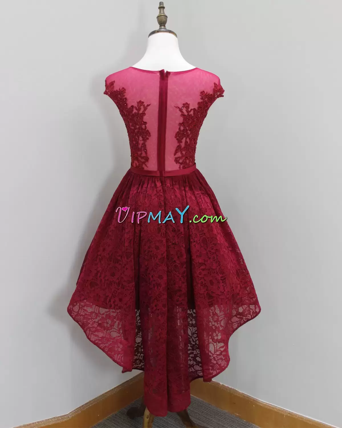 High Low Zipper Homecoming Dress Burgundy for Prom and Party and Military Ball with Lace