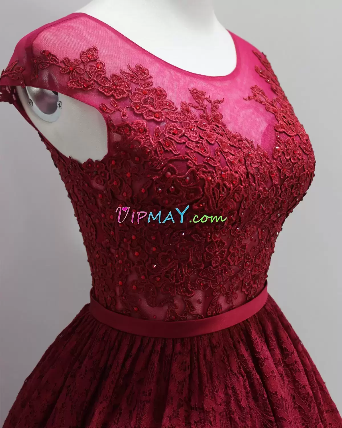 High Low Zipper Homecoming Dress Burgundy for Prom and Party and Military Ball with Lace