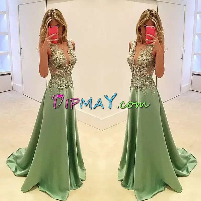 Dazzling Sleeveless Floor Length Appliques Lace Up with Green Sweep Train