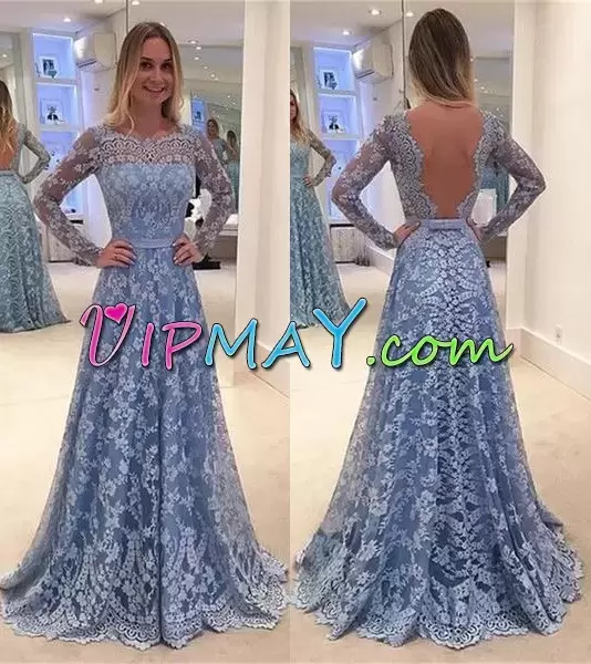 Blue Backless Scalloped Lace and Belt Prom Evening Gown Lace Long Sleeves Sweep Train