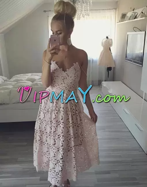 Tea Length White Lace Sleeveless Lace See Through Prom Dress Sexy