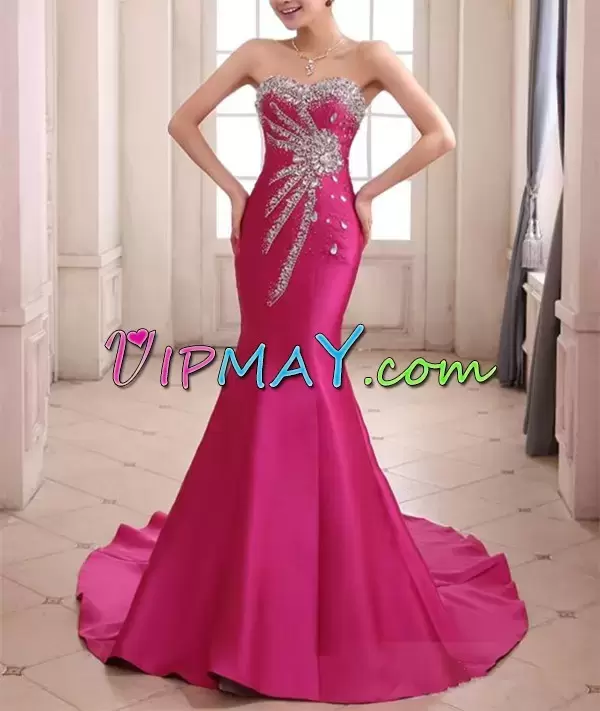 Sophisticated Hot Pink Mermaid Satin Sweetheart Sleeveless Beading Lace Up Evening Gowns Sweep Train