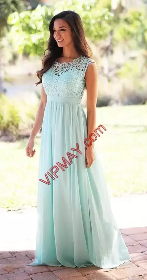 Turquoise Sleeveless Beading and Lace Floor Length Homecoming Dress