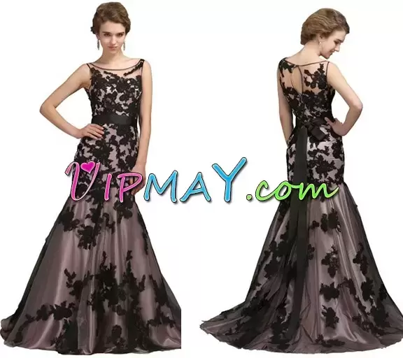 Artistic Black Zipper Scoop Appliques and Sashes ribbons Prom Dress Tulle Sleeveless Sweep Train