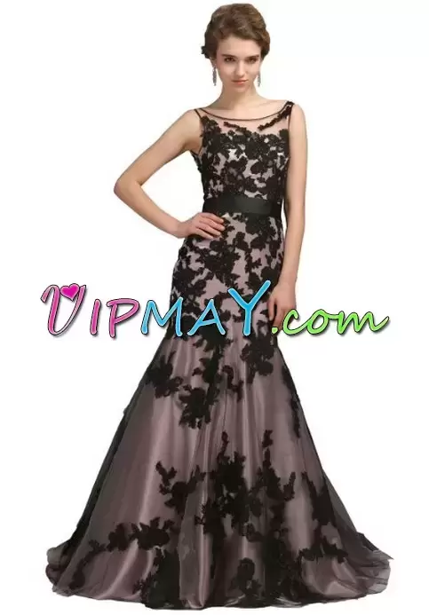 Artistic Black Zipper Scoop Appliques and Sashes ribbons Prom Dress Tulle Sleeveless Sweep Train