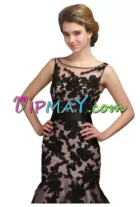 Artistic Black Zipper Scoop Appliques and Sashes ribbons Prom Dress Tulle Sleeveless Sweep Train