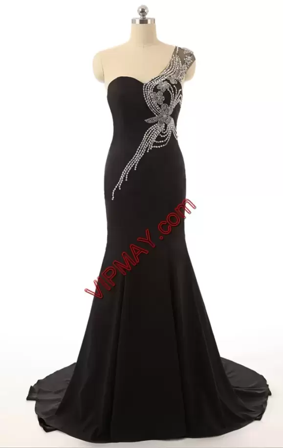 Floor Length Black Evening Gowns Sweep Train Sleeveless Beading