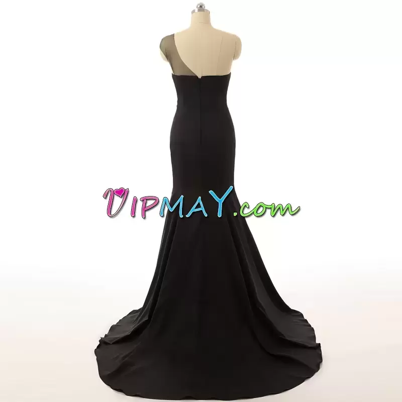 Floor Length Black Evening Gowns Sweep Train Sleeveless Beading