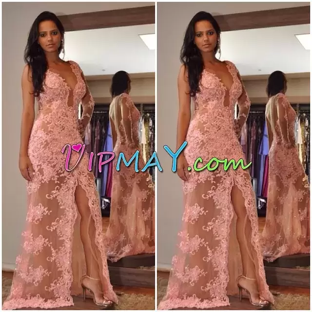 Pink Tulle Backless Prom Party Dress Sleeveless Floor Length Beading and Lace