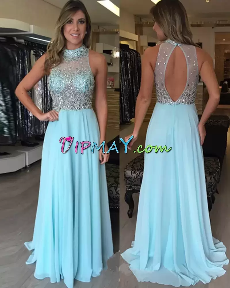 Floor Length Aqua Blue Homecoming Dress Satin and Chiffon Sweep Train Sleeveless Beading and Lace