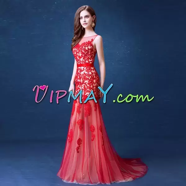 Exquisite Appliques Prom Dress Red Backless Sleeveless Floor Length