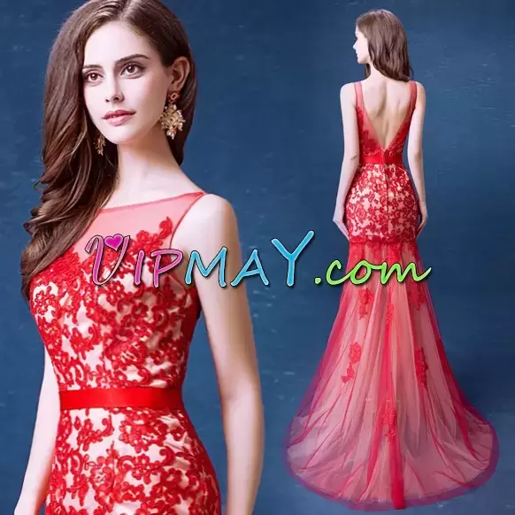 Exquisite Appliques Prom Dress Red Backless Sleeveless Floor Length