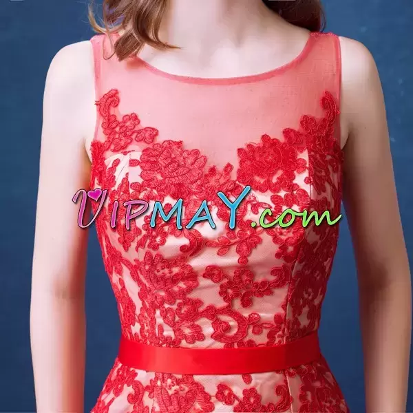 Exquisite Appliques Prom Dress Red Backless Sleeveless Floor Length