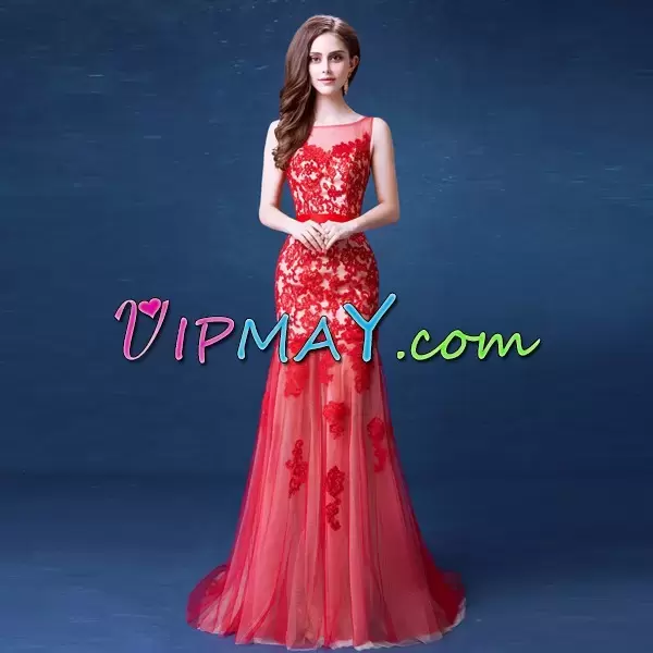 Exquisite Appliques Prom Dress Red Backless Sleeveless Floor Length