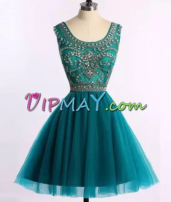 Teal A-line Scoop Sleeveless Tulle Mini Length Zipper Beading Prom Evening Gown