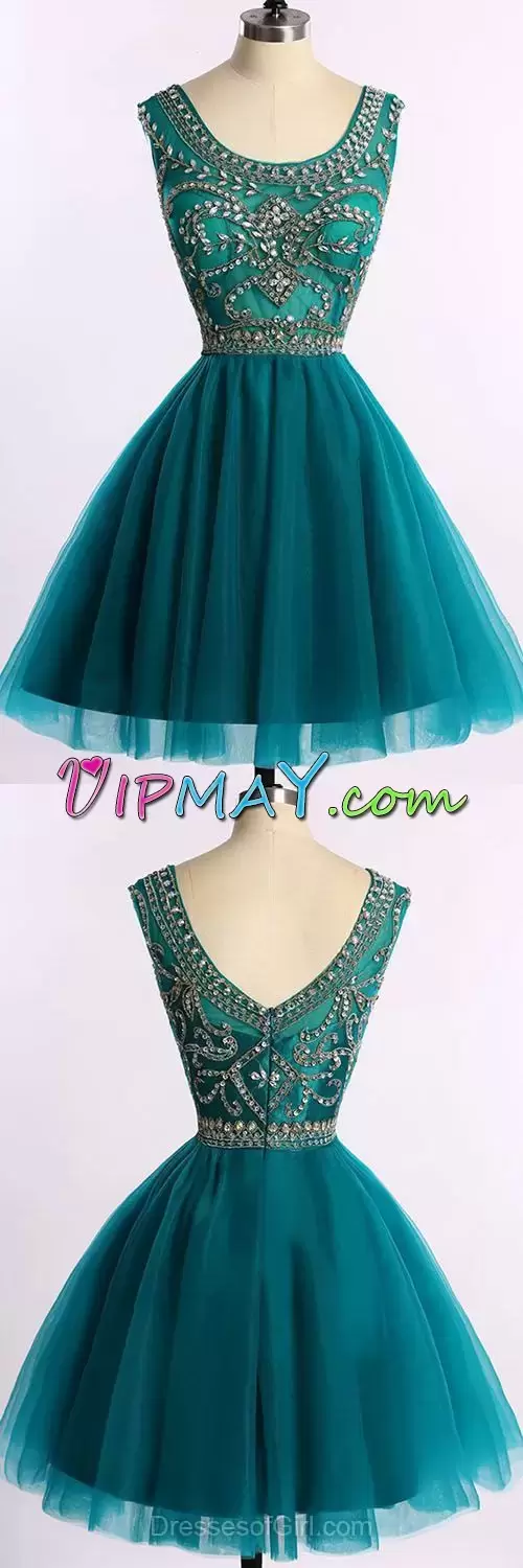 Teal A-line Scoop Sleeveless Tulle Mini Length Zipper Beading Prom Evening Gown