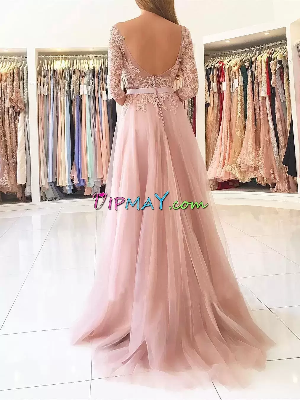 Tulle Bateau 3 4 Length Sleeve Sweep Train Backless Lace and Belt Womens Evening Dresses in Baby Pink