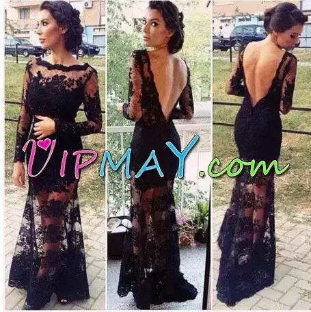 Nice Long Sleeves Lace Floor Length Backless Dress for Prom in Black with Lace