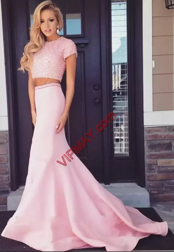 beaded top evening gown,long beaded evening gown,beaded bodice evening dress,two piece formal evening dress,two piece mermaid evening dress,baby pink evening dress,elegant mermaid evening dress,mermaid style evening gown,pink mermaid evening dress,sexy mermaid evening gown,