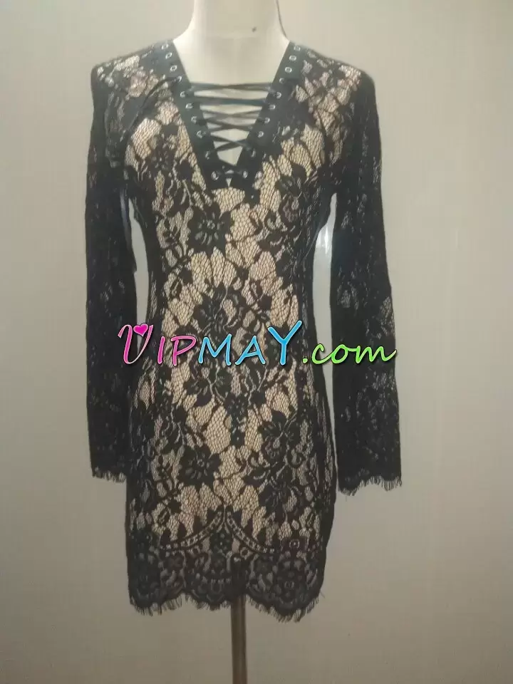 Black Long Sleeves Mini Length Lace Dress for Prom Scoop