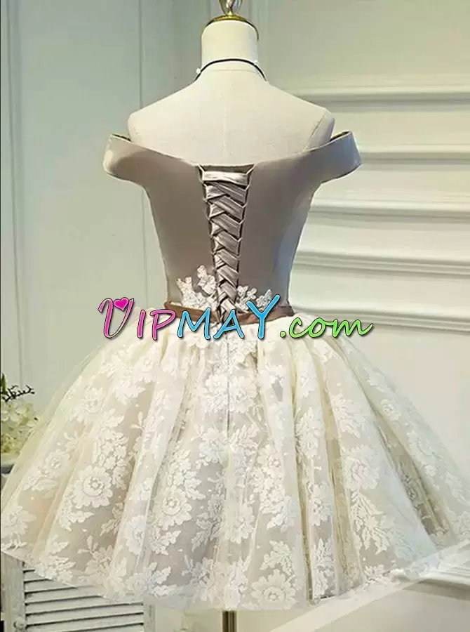 Tulle Mini Length Lace Up Prom Evening Gown in Light Yellow with Lace and Appliques