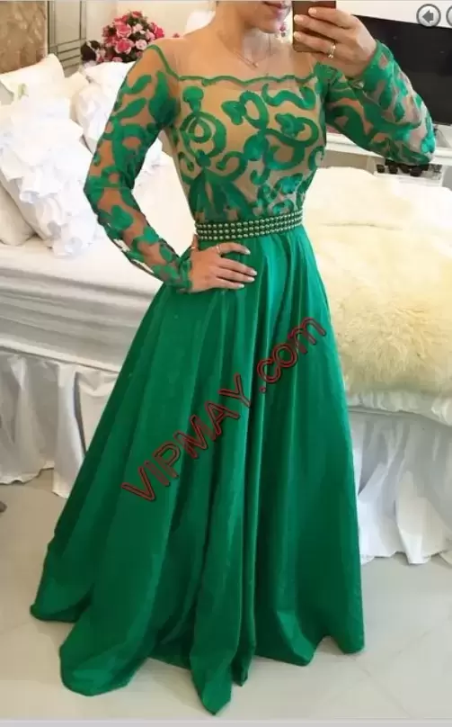 Cute Long Sleeves Satin Floor Length Prom Dresses in Green with Beading and Lace