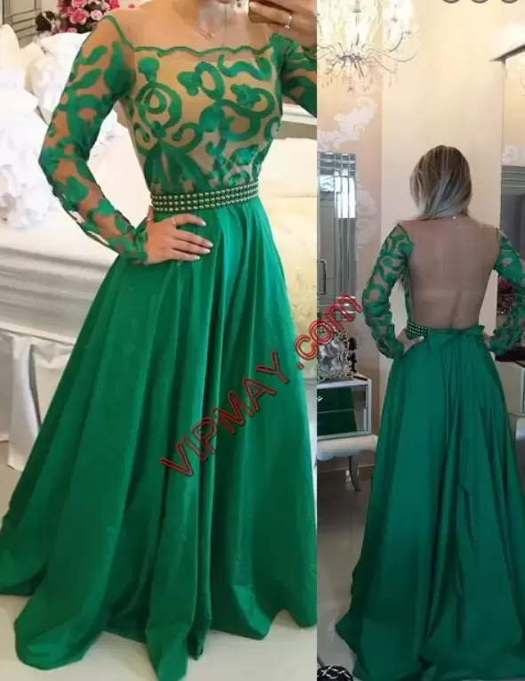 Cute Long Sleeves Satin Floor Length Prom Dresses in Green with Beading and Lace