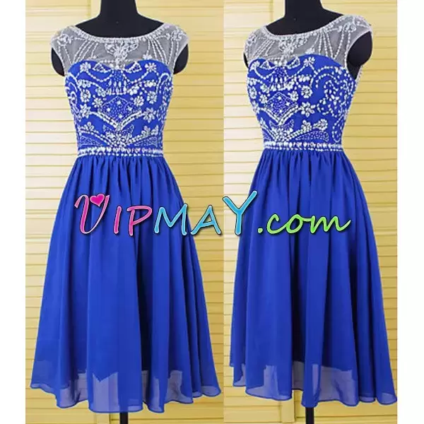 Shining Royal Blue Empire Scoop Sleeveless Chiffon Knee Length Beading