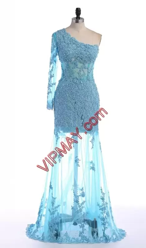 Graceful Floor Length Blue Prom Party Dress One Shoulder Long Sleeves Sweep Train Lace Up