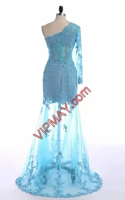 Graceful Floor Length Blue Prom Party Dress One Shoulder Long Sleeves Sweep Train Lace Up