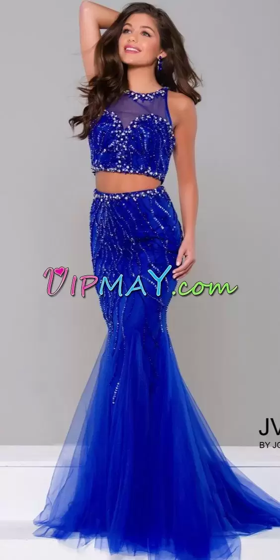 Smart Two Pieces Sleeveless Royal Blue Hoco Dress Sweep Train Zipper