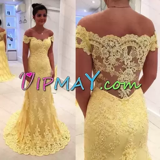 Sweep Train Mermaid Prom Dress Yellow Scalloped Lace Sleeveless Side Zipper