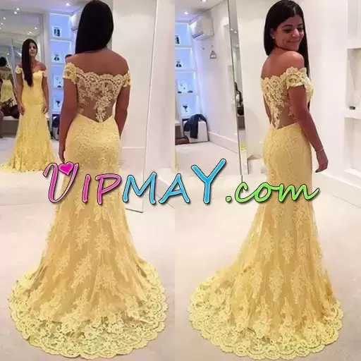 Sweep Train Mermaid Prom Dress Yellow Scalloped Lace Sleeveless Side Zipper