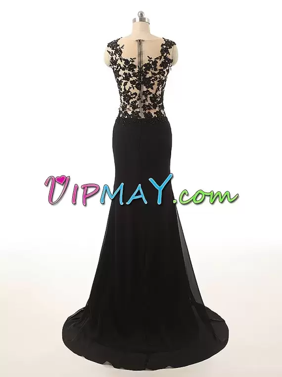 Black Sleeveless Lace and Appliques Zipper Scoop Prom Dress