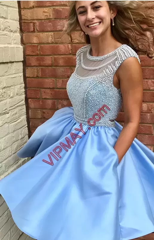 High End Baby Blue Prom Gown Prom and Party and Military Ball with Beading and Ruching Scoop Sleeveless Backless