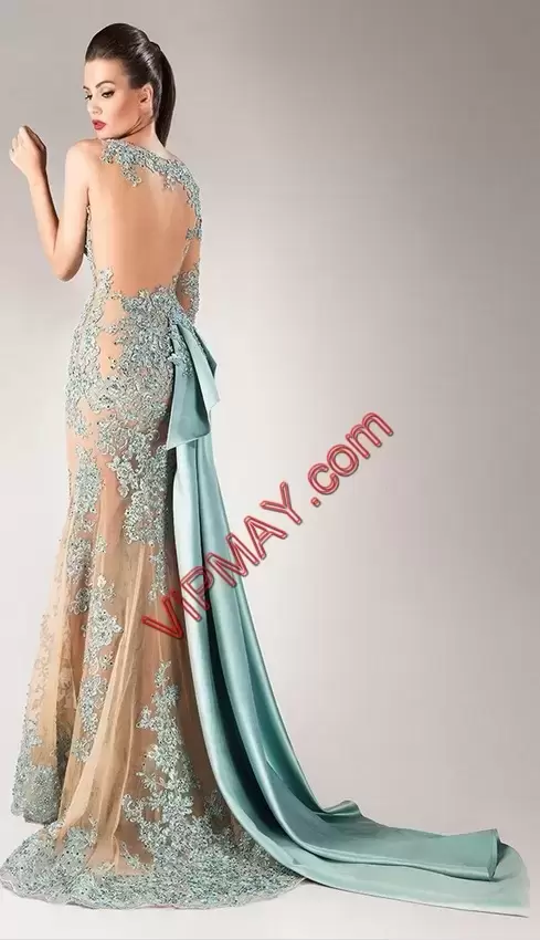 Multi-color Tulle Side Zipper Scoop Long Sleeves Prom Dress Sweep Train Appliques