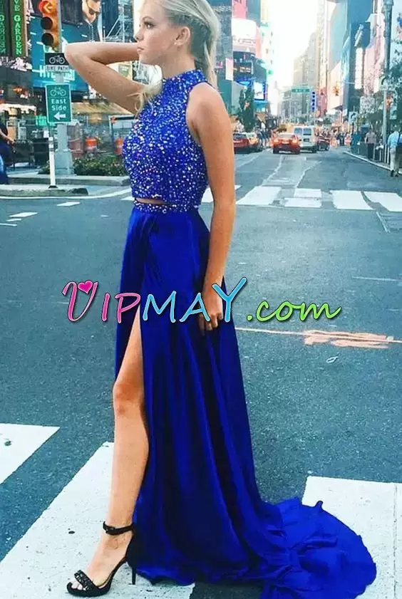 Sleeveless Floor Length Dress for Prom Brush Train and Beading