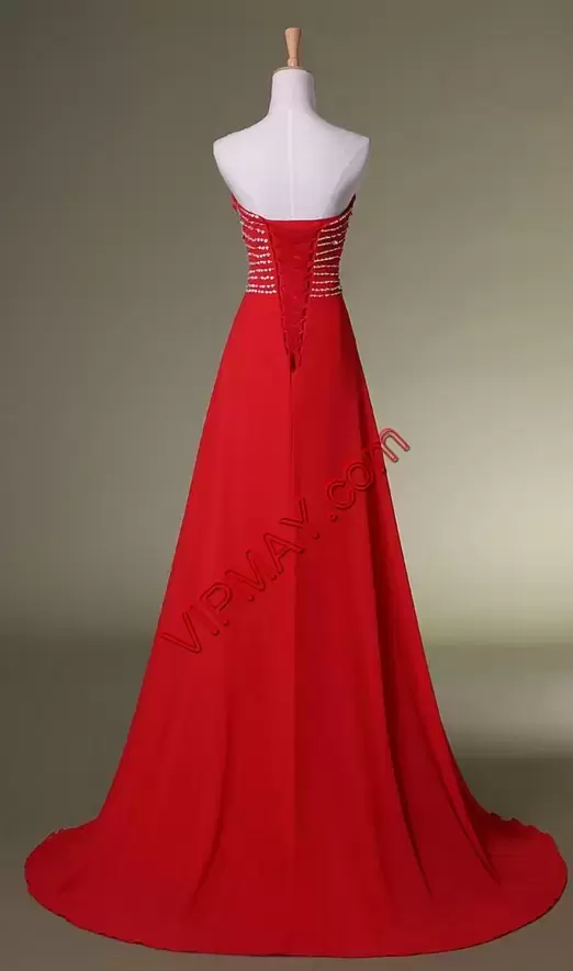 Glamorous Sweetheart Sleeveless Chiffon Evening Outfits Beading Sweep Train Lace Up