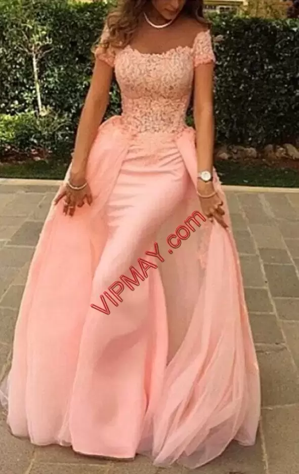 Attractive Pink Short Sleeves Long Mermaid Bodycon Homecoming Dress with Removeable Train