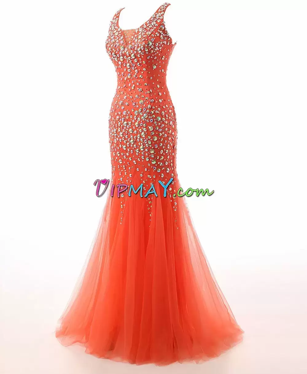 Comfortable Mermaid Prom Dress Orange Straps Tulle Sleeveless Floor Length Side Zipper