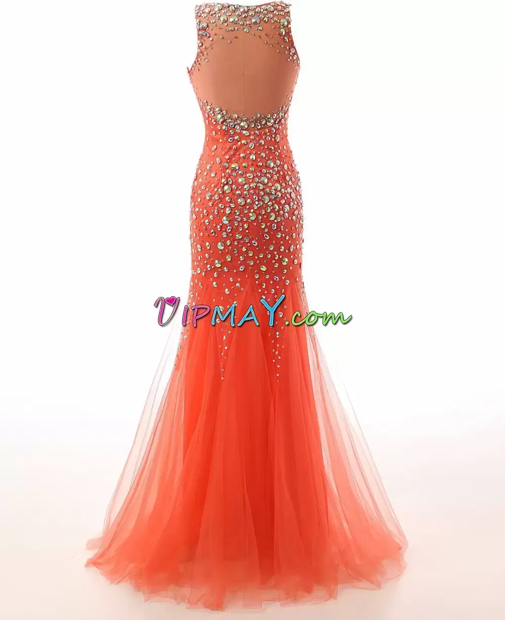 Comfortable Mermaid Prom Dress Orange Straps Tulle Sleeveless Floor Length Side Zipper