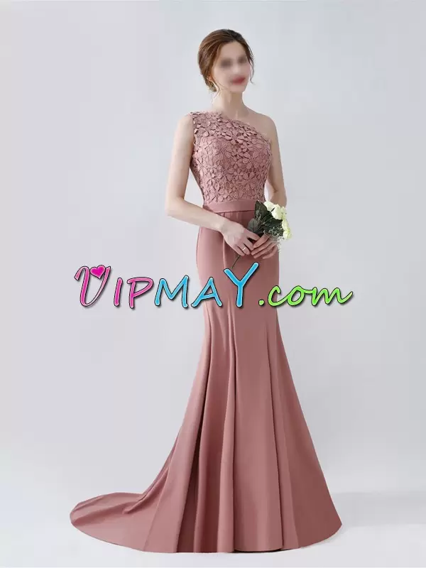 Sleeveless With Train Beading and Lace Side Zipper Homecoming Dress with Pink Sweep Train