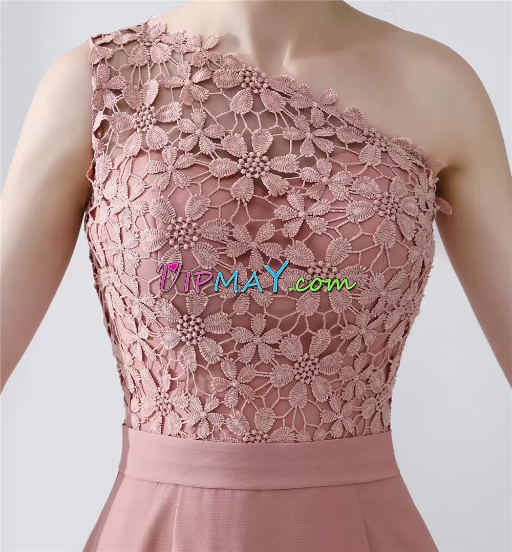 Sleeveless With Train Beading and Lace Side Zipper Homecoming Dress with Pink Sweep Train