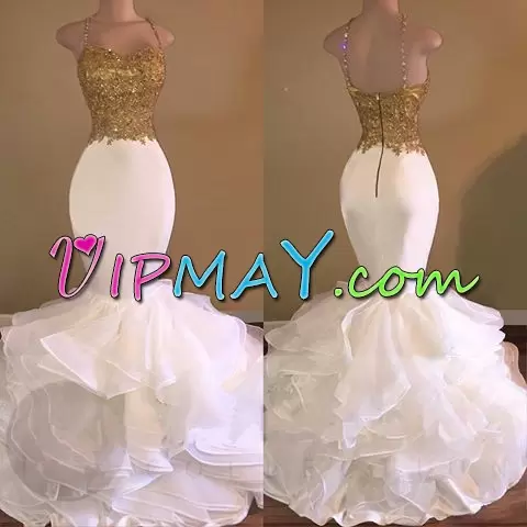 White Sleeveless Organza Sweep Train Zipper Prom Dress for Prom and Party