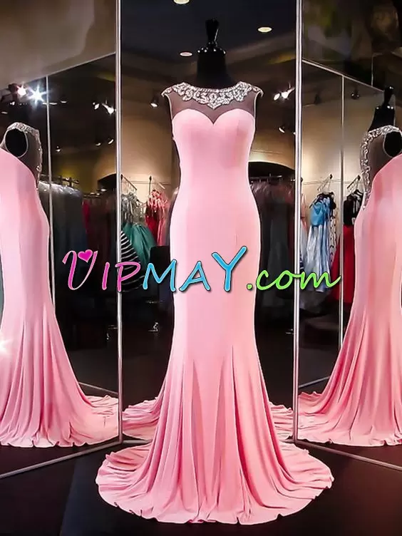 Elegant Pink Sleeveless Brush Train Beading Evening Dress