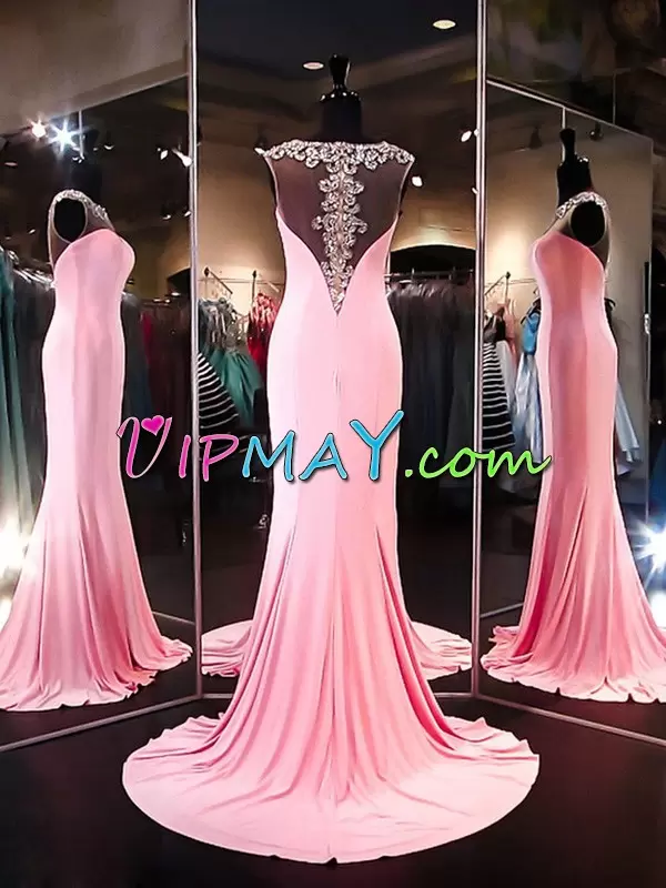 Elegant Pink Sleeveless Brush Train Beading Evening Dress