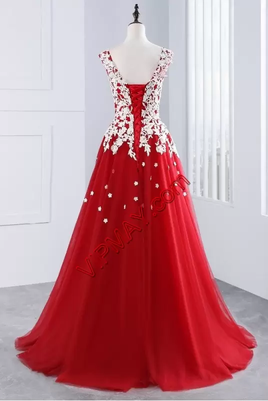 Red Lace Up Square Appliques Homecoming Dress Tulle Sleeveless Sweep Train