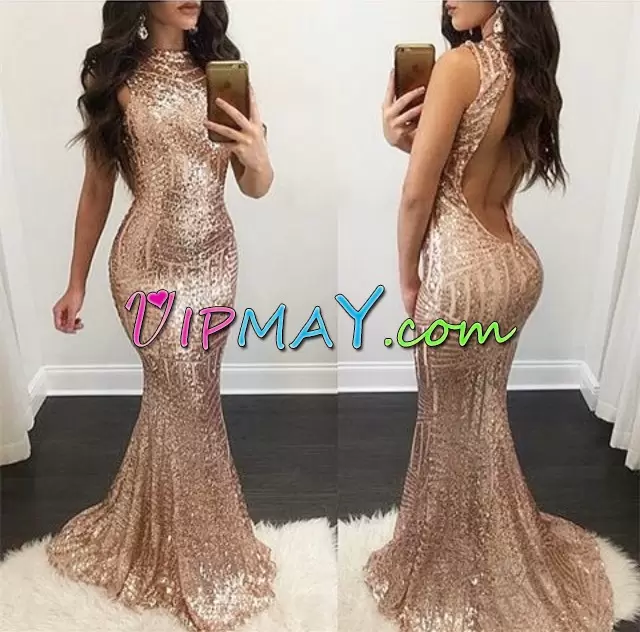 Eye-catching Champagne Sleeveless Sequined Brush Train Backless Prom Dress for Prom and Party