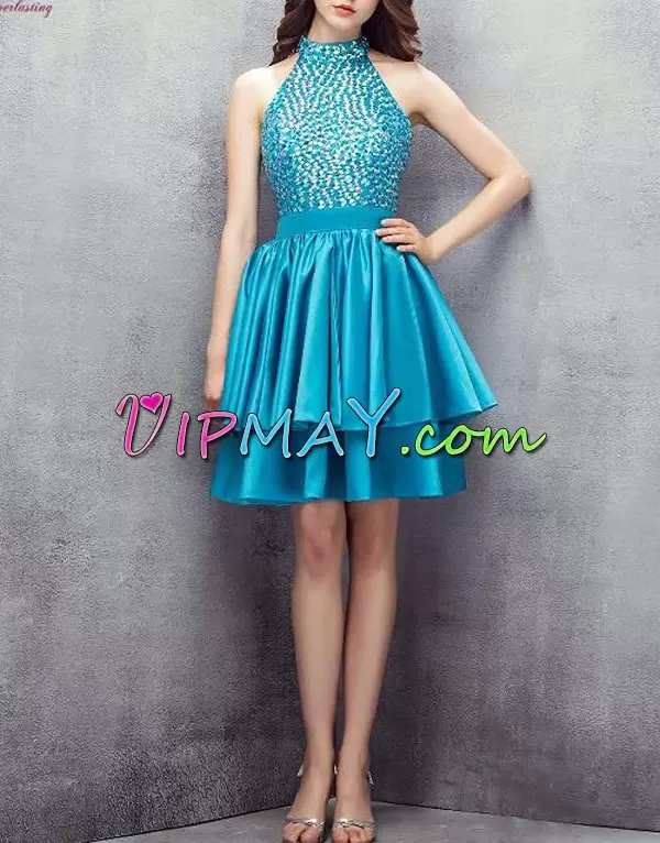 Blue Sleeveless Beading Knee Length Prom Evening Gown